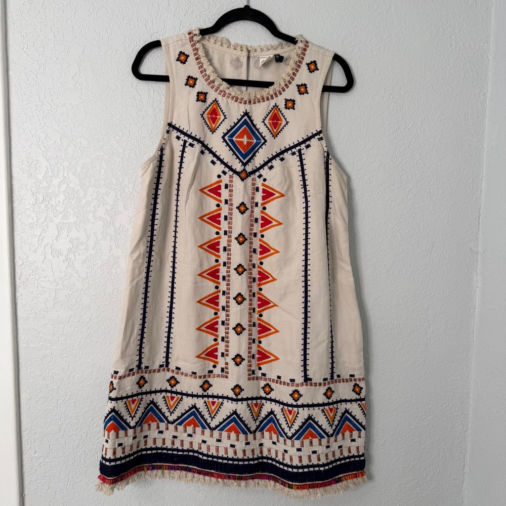 Anthropologie Akemi + Kin Embroidered Fringe Shift Dress Cream Boho Women 10
